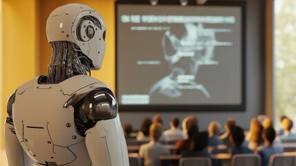 Fototapete - Humanoid robot giving a presentation to a group of business people in a conference room