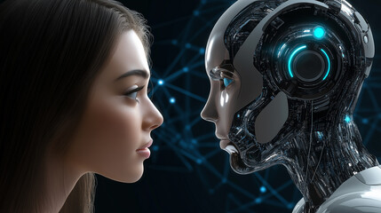 Poster - Woman and robot looking at each other face to face