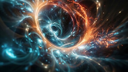 Poster - Abstract depiction of a cosmic vortex swirling with vibrant blue and orange light, reminiscent of the vastness and wonders of space.