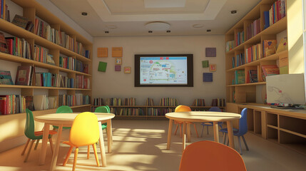 Poster - Modern library interior design with bookshelves and tables