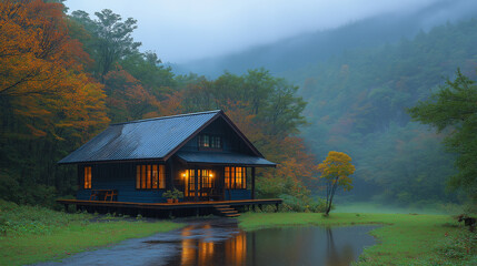 Small wooden cabin glowing on a rainy autumn evening