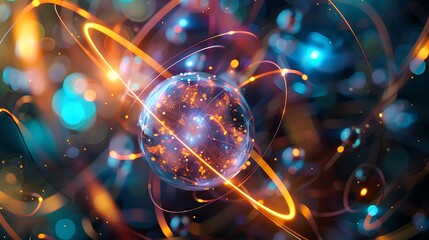 Poster - Vibrant abstract image of a glowing sphere surrounded by neon lights and intricate patterns.