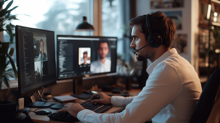 Leinwandbilder - Programmer wearing headset having online meeting using multiple monitors from home office
