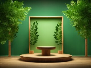 Poster - product advertising stand exhibition wooden podium on green background