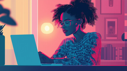 Leinwandbilder - Young woman working from home on laptop at sunset