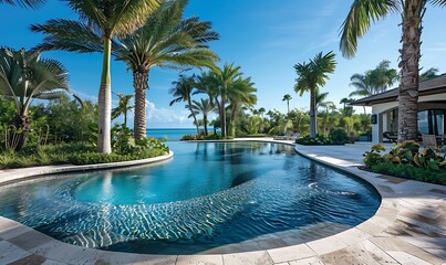 Swimming pool in tropical garden with palm trees and blue sky.