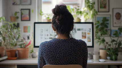 Aufkleber - Young woman working from home using desktop computer in cozy creative office space