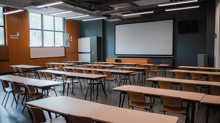 Poster - Empty modern classroom interior with projector screen