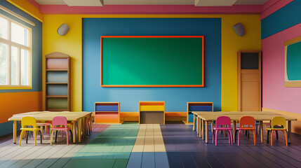 Poster - Sunlight streaming through the window of a colorful classroom