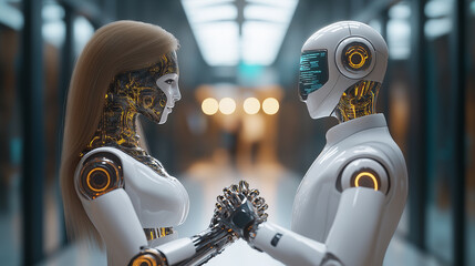 Poster - Two robots holding hands showing artificial intelligence love