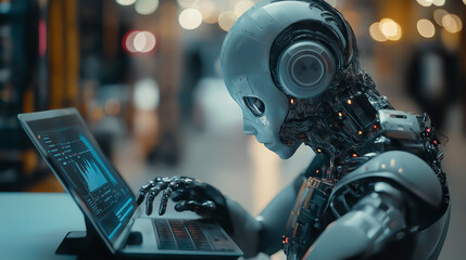 Poster - Futuristic robot working on laptop analyzing charts in high tech environment