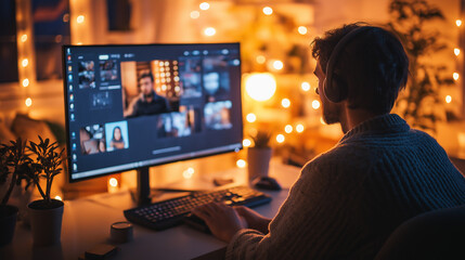 Poster - Video editor working from home on desktop computer at night