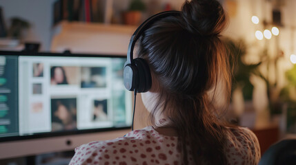 Aufkleber - Young woman editing video using computer at home office wearing headphones