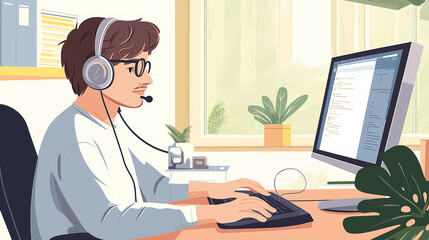 Aufkleber - Programmer wearing headset working from home office typing on keyboard