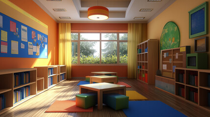 Poster - Modern kindergarten classroom interior design with large window
