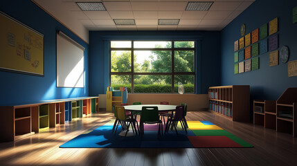 Poster - Empty kindergarten classroom interior with big window and sunlight