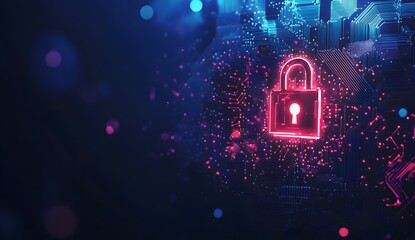 Poster - A digital illustration of an illuminated lock symbol with circuit patterns,