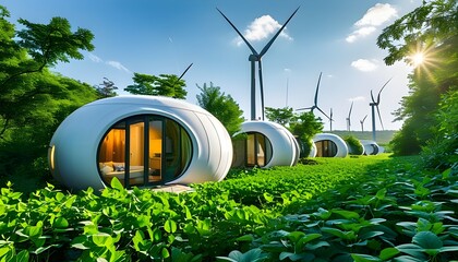 innovative eco-village featuring modern pod-like homes amidst lush greenery and wind turbines under 