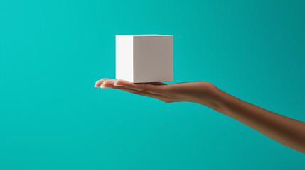Poster - Woman hand holding white cube box on turquoise background
