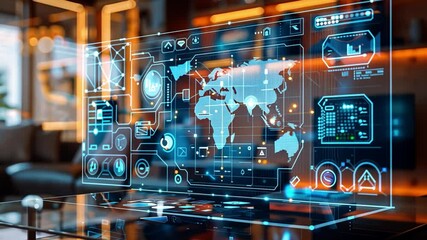 Leinwandbilder - A cutting-edge holographic display projects world maps and analytics in a contemporary living room, illuminated by warm evening lighting, showcasing innovative technology.