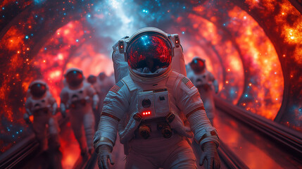 Aufkleber - Astronaut walking through futuristic tunnel with team following behind