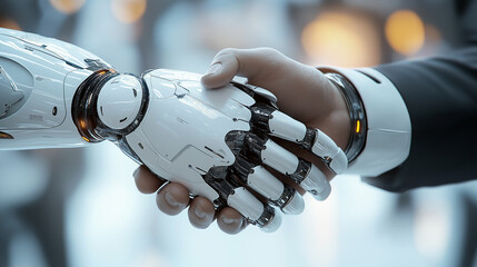 Poster - Businessman shaking hands with robot in modern office building