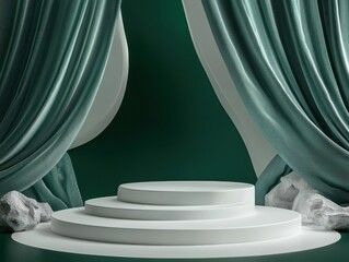 Layered white and green podium with dynamic shapes, dark green background, highcontrast abstract scene