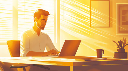 Poster - Focused freelancer working from home on laptop in sunny home office