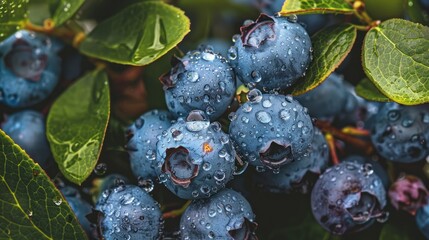 Canvas Print - Close-up of Ripe Blueberries Covered in Dew