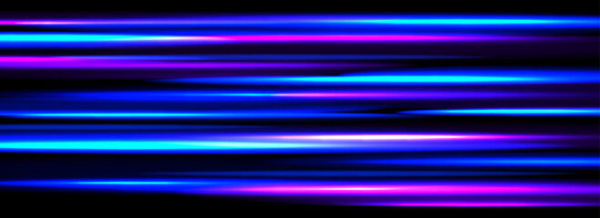 Poster - Neon glowing horizontal stripes background. Bright blue speed light effect. Magic trail flare lines texture. Luminous laser beams and rays wallpaper design. Futuristic neon streaks backdrop. Vector
