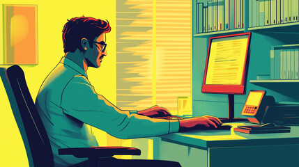 Poster - Focused office worker typing on keyboard at desk in busy office