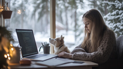 Aufkleber - Freelancer woman working from home with dog during winter