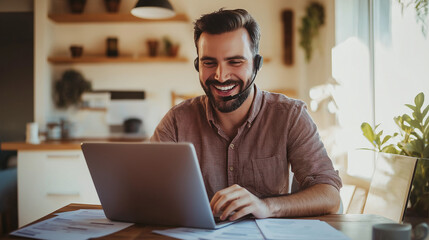 Poster - Smiling freelancer having video call on laptop at home office