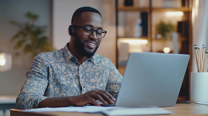 Aufkleber - Young man is smiling while working from home on his laptop