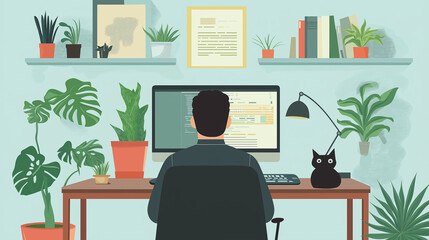 Poster - Programmer working from home with plants and cat on desk