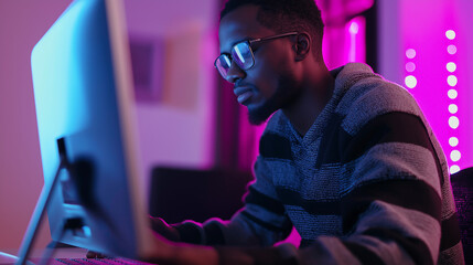 Leinwandbilder - Focused black it specialist working late on computer in neon light office