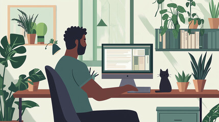 Poster - Software developer working from home with plants and cat