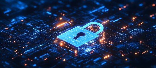Poster - A glowing blue lock icon, set against a cyber security background