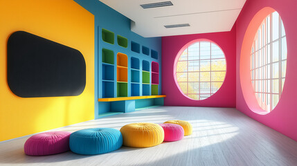 Poster - Modern playroom interior with colorful rounded furniture and windows