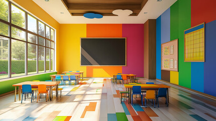 Poster - Empty colorful kindergarten classroom interior with small desks and chairs