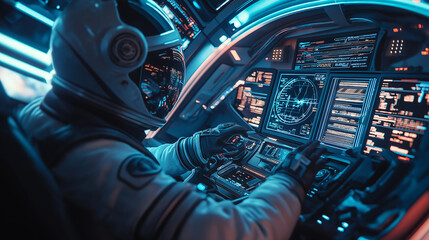 Aufkleber - Astronaut piloting futuristic spaceship using control panel with digital display screens