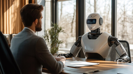 Poster - Businessman having meeting with robot colleague in office