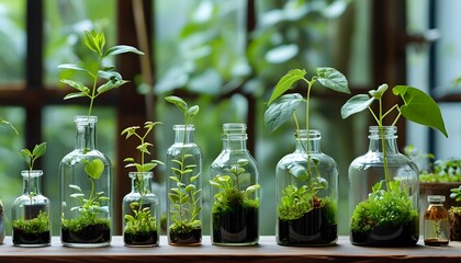 Wall Mural - Botanical science displayed through delicate plants thriving in glass vials, highlighting natures resilience in a tranquil laboratory environment