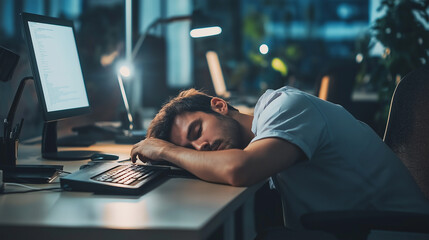 Poster - Exhausted programmer sleeping on keyboard at desk in office at night