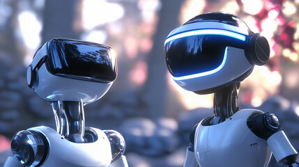 Poster - Two robots wearing vr headsets experiencing metaverse