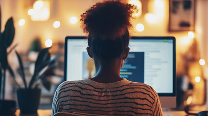 Poster - Young woman working late using computer at home office