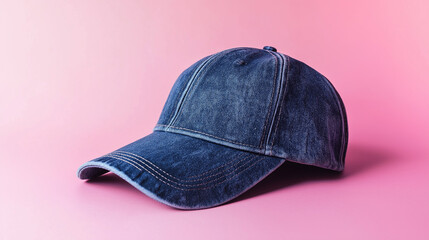 Poster - Blue denim baseball cap lying on pink background