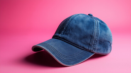 Poster - Blue denim baseball cap lying on pink background