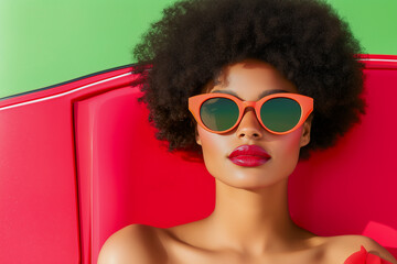 Poster - A woman with red lips and a pair of orange sunglasses is sitting on a red chair