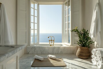 ホテル内のラグジュアリーな大理石バスルームと海の景色 | Luxurious Marble Bathroom with Ocean View in a Villa